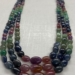 Multi necklace beautiful rare  ruby blue sapphire emerald oval briolettes smooth polished necklace rare beautiful