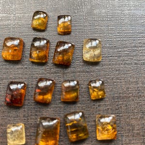 Peut inclure: Plusieurs pierres précieuses rectangulaires ambrées, avec des nuances de brun et de jaune. Les pierres polies et translucides sont disposées sur une surface sombre et texturée. Les pierres varient en taille.