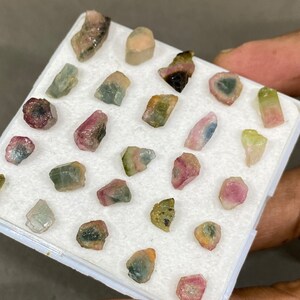 May include: A collection of 25 small, raw, multi-coloured tourmaline crystals in a white foam-lined display box. The crystals are various shades of pink, green, and black.