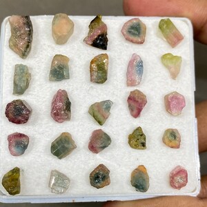 May include: A collection of 24 small, colourful, raw tourmaline crystals in a white foam-lined box. The crystals are various shades of pink, green, and black.