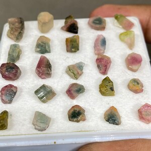 May include: A collection of 20 small, colourful, raw tourmaline crystals in a white box. The crystals are various shades of pink, green, and black.