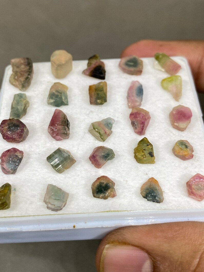 May include: A collection of 20 small, colourful, raw tourmaline crystals in a white box. The crystals are various shades of pink, green, and black.