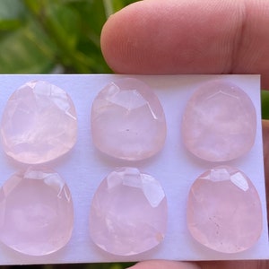 Könnte beinhalten: Sechs blassrosa, oval geformte Rosenquarz-Edelsteine auf weißem Hintergrund.