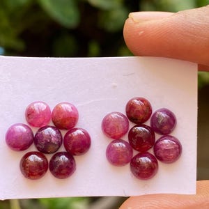 以下が含まれることがあります： ピンクと赤の宝石のカボションが10個セットになっています。カボションは5個ずつ2つのグループに分けられ、花の形をしています。