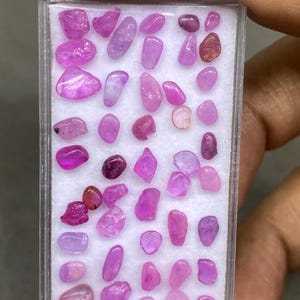 Puede incluir: Una colección de pequeñas piedras preciosas pulidas en varios tonos de rosa y púrpura. Las piedras están contenidas en una caja de plástico transparente y rectangular con un interior blanco. Las piedras preciosas tienen una forma suave y redondeada.