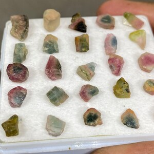 May include: A collection of 20 small, colourful, raw tourmaline crystals in a white box. The crystals are various shades of pink, green, and black.