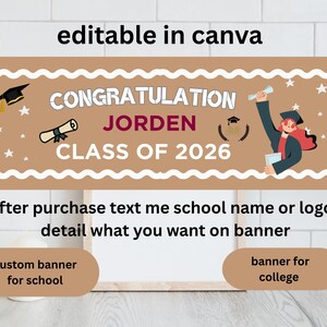 Pancarta personalizada de graduación de instituto y universidad, promoción de 2026, cartel de felicitación, pancartas editables para estudiantes universitarios en Canva (descarga digital).