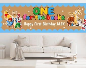 One For The Books Birthday Banner, First Birthday Party Decor, Editable Canva template (Digital Download)