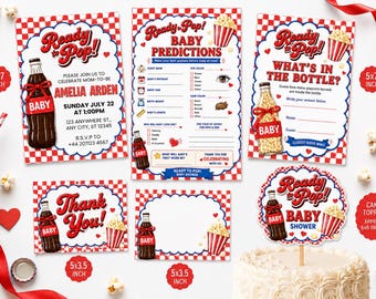 Retro Soda Baby Shower Invitation , Soda Baby Shower Invite, red Gingham Retro Baby Shower She's Ready to Pop (Editable Canva Template)