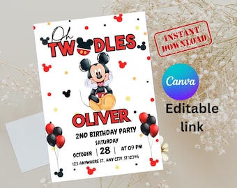 Editable Mickey Mouse Oh Twodles Birthday Invitation Digital Template canva