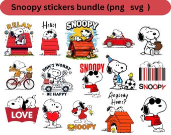 Snoopy Sticker Bundle PNG SVG, Cute Cartoon Dog Snoopy  Pack,Printable Sticker Cricut Silhouette Instant Download