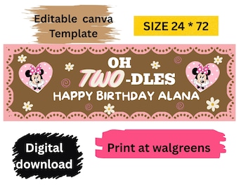 Minnie Mouse Oh Twodles Birthday Banner, 2nd Birthday , Printable Party Decor Editable Canva Template 2x6 Walgreens Print Sign Digital File