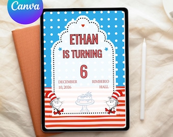 Dr. Seuss Birthday Invitation, Editable Cat in Hat Party Template (Digital Download)