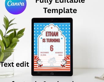 Dr. Seuss Birthday Invitation, Editable Cat in Hat Party Template (Digital Download)