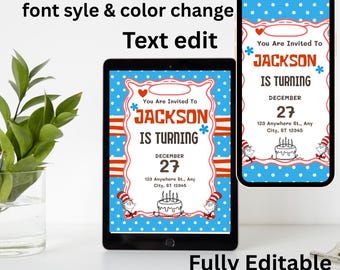 Dr. Seuss Cat in Hat Birthday Invitation, Editable Kids Party Template (Digital Download)