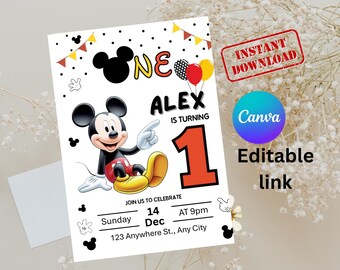 Editable Mickey Mouse 1st Birthday Invitation for Boys, Personalized Kids Invite, printable Canva Template, Digital Download