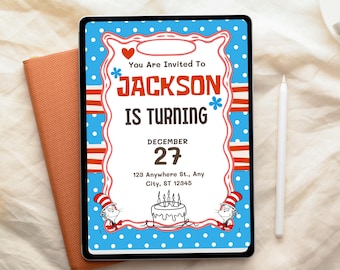 Dr. Seuss Cat in Hat Birthday Invitation, Editable Kids Party Template (Digital Download)