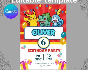 Pokemon Birthday Invitation, Pikachu Party Invite, Editable Pokemon, Canva Template Digital Download,