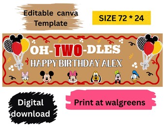 Twodles Banner Template, Mickey Mouse Clubhouse Birthday Banner, Twodles Second Party,  Editable Canva Banner 2x6 WALGREENS Print DIY  Sign,