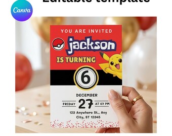 Pokemon Birthday Invitation, Pikachu Birthday Invite, Editable Canva Template, Pokemon Card Invite, Pikachu Charizard Party Digital Download