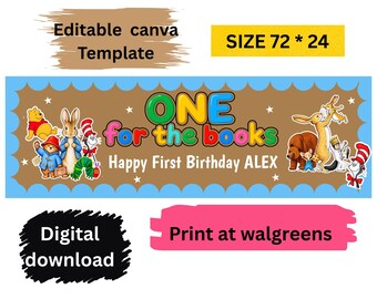One For The Books Birthday Banner, First Birthday Party Decor, Editable Canva template (Digital Download)