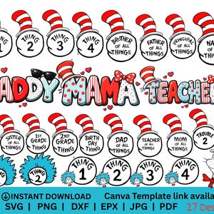 Trouble 1 2 SVG Bundle, Thing 1 Thing 2 Family Shirts, Mama Daddy Teacher Matching Set, Dr Seuss bundle Inspired Cartoon Design PNG  pdf