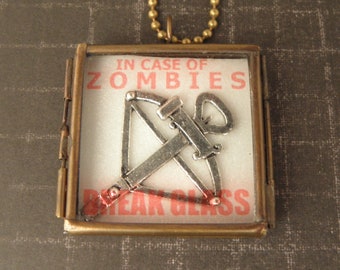 In Case Of Zombies - BREAK GLASS - Crossbow Necklace For The Walking Dead Zombie Apocalypse - Zombie Jewelry - Zombie Hunter