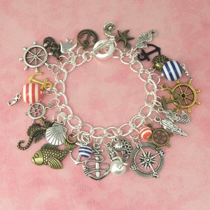 Nautical Theme Charm Bracelet - Vintage Inspired - Retro Rockabilly Pinup Bracelet - Mermaid Seahorse Anchor Jewellery