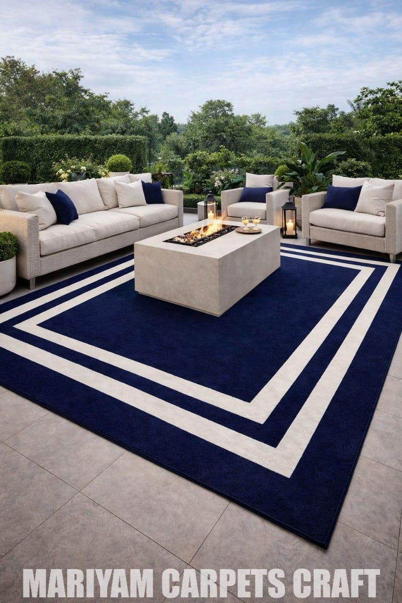 Classic Navy Blue & White Framed Border Rug | Hand Tufted Coastal Area ...