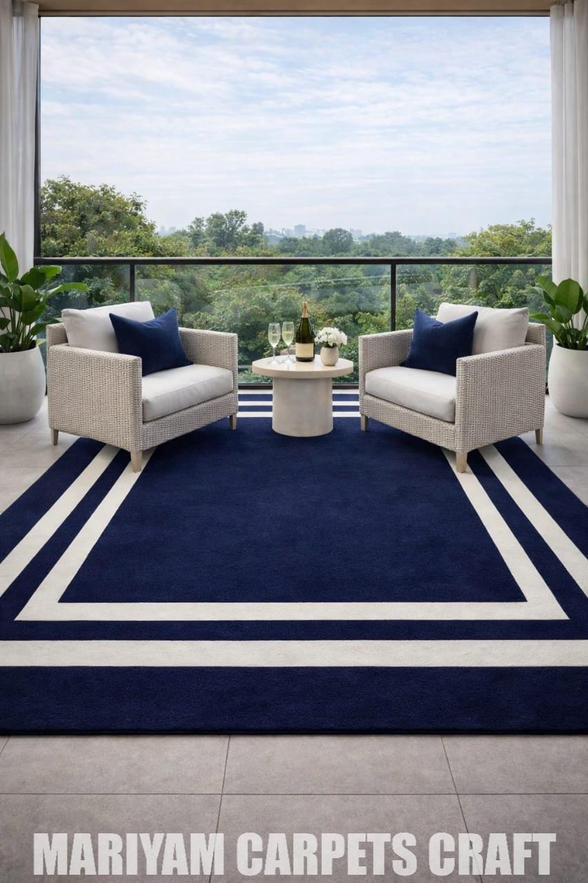 Classic Navy Blue & White Framed Border Rug | Hand Tufted Coastal Area ...