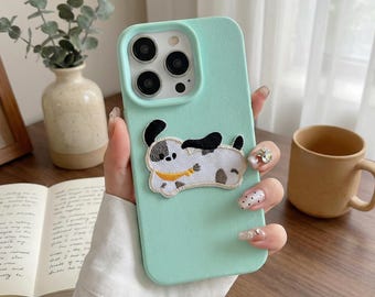 Dog Patch Phone Case – 3D Embroidered Faux Leather Case – Cute, Durable & Shock-Absorbent – Gift for Dog Lovers, Birthday Gift for Her