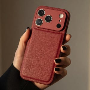 Puede incluir: Una funda de teléfono de cuero burdeos con una superficie texturizada. La funda tiene un recorte para la cámara con múltiples lentes y un flash. La funda del teléfono se sostiene en una mano.