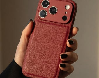 Leather Minimalist iPhone Case, Two-Tone Beige and Orange Phone Case, Sleek Protective Case, Modern Gift for Her
