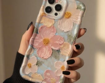 Floral iPhone Case with Wavy Edge – Oil Painting Design, Shockproof Protective Phone Case with Raised Camera Bezel