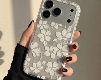 Funda floral para iPhone / Funda para iPhone 11 12 13 14 15 16 17 Pro Max / Funda transparente con estampado floral blanco y diseño atractivo