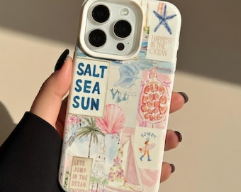 Beach Phone Case, Summer iPhone Case, Ocean Vibes Collage, Salt Sea Sun Design, Pastel Beach Aesthetic Case Gift for Her