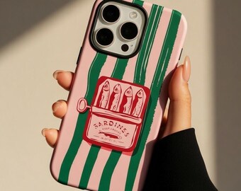 Retro Sardine Phone Case, Pink Striped iPhone Case, Fun Graphic Phone Cover, Unique Gift for Her