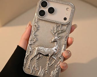 Luxury Deer Phone Case, Rhinestone iPhone Case, Glitter Metallic Animal Cover, Aesthetic Protective Case Gift for Her