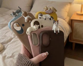 3D Cat iPhone Case – Kawaii Textured Pastel Phone Case, Cute Protective Soft TPU Case, Aesthetic Cat Lover Gift