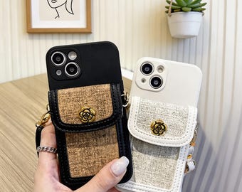 Crossbody Phone Case Wallet, Card Holder iPhone Case with Strap, Minimalist Leather Phone Bag, Hands Free Travel Case, Gift for Her