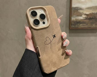 iPhone Case with Airplane Heart Design, Premium PU Leather, Shockproof Phone Cover, Gift for Her, Travel Lovers Phone Case