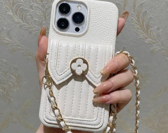 Crossbody Wallet Phone Case with Chain Strap – Leather iPhone Case with Card Holder, Hands-Free Purse Phone Case