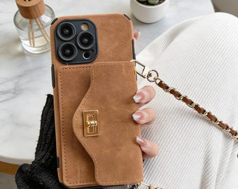 Crossbody Phone Case Wallet – Leather Strap iPhone Case, Card Holder Phone Pouch, Hands Free Travel Case, Minimalist Gift for Her