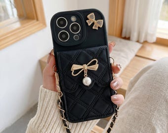 Quilted Bow iPhone Wallet Case with Chain Strap – Cute Girly Crossbody Phone Case, PU Leather Card Holder Cover