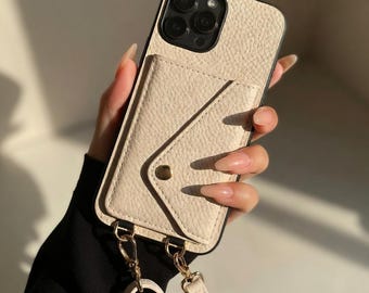 Phone Wallet Case Crossbody, Leather Strap Phone Case with Card Holder, Minimalist iPhone Case, Hands Free Travel Bag, Gift for Her