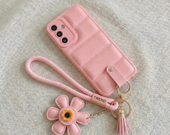 Samsung Galaxy Soft Leather Phone Case, Flower Charm Strap, Trendy Protective Case, Gift for Her, Stylish Phone Case, Trendy Gift for Women