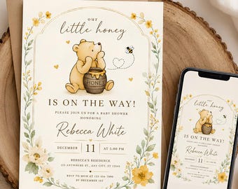 Baby Shower de Winnie the Pooh, Winnie the Pooh Clásico, Invitación para Baby Shower, Invitación para Baby Shower de Pooh, Editable en Canva