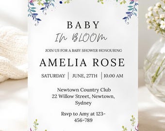 Invitación para baby shower con temática de flores silvestres, invitación "Bebé en flor", invitación editable para baby shower, tarjeta para baby shower, plantilla de Canva