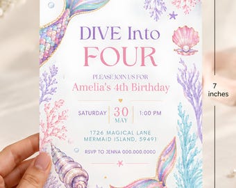 Invitación de cumpleaños de sirena, cumpleaños bajo el mar, invitación de cumpleaños con cola de sirena, plantilla de Canva, descarga instantánea.