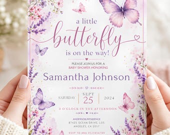 Invitación editable para baby shower con mariposas, invitación para baby shower, invitación de mariposa, plantilla de Canva, descarga instantánea.